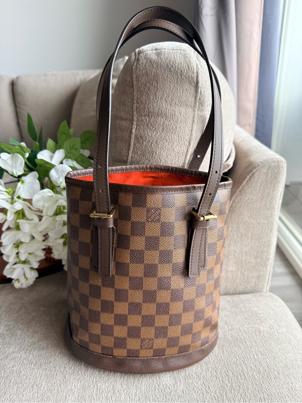 Louis Vuitton Damier Ebene Marais PM Bucket Bag with Red Interior Authentic